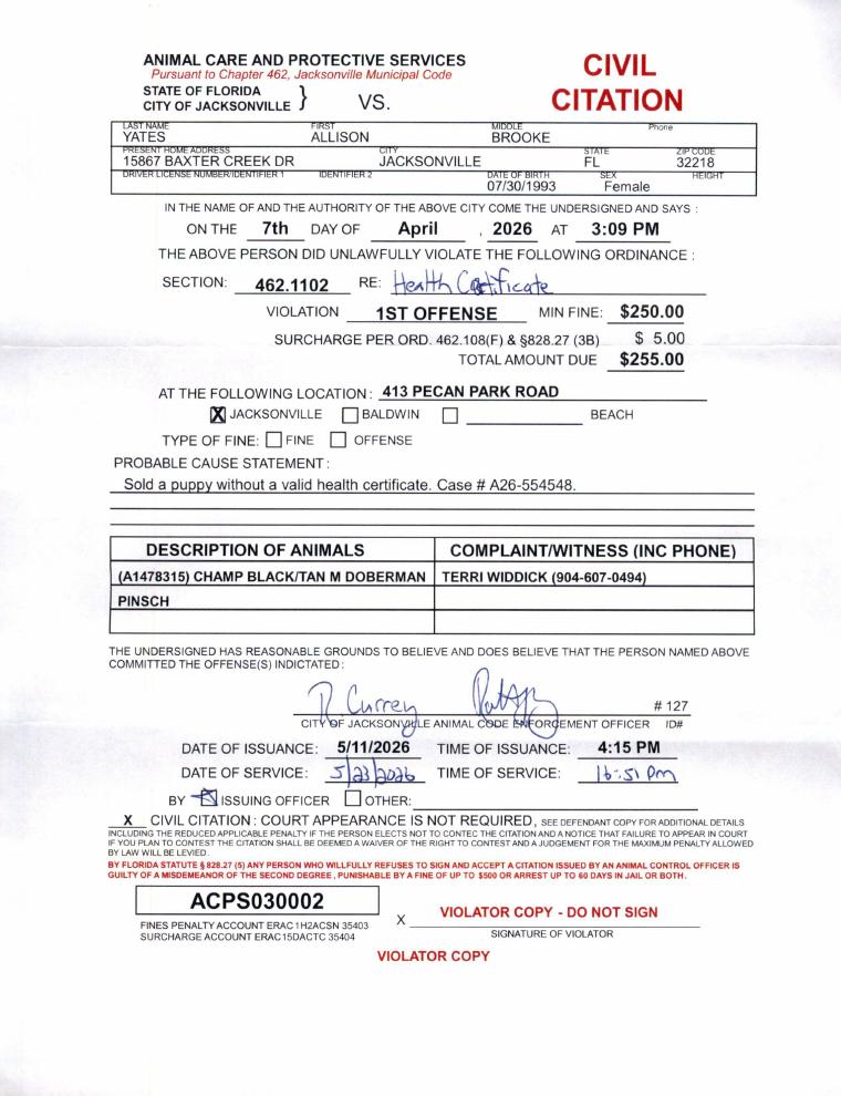Citation: no valid health certificate